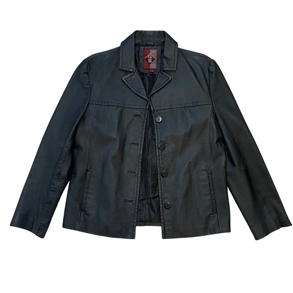 Vintage G-III Black Genuine Leather Jacket Womens Large 90s button up  Y2K Biker